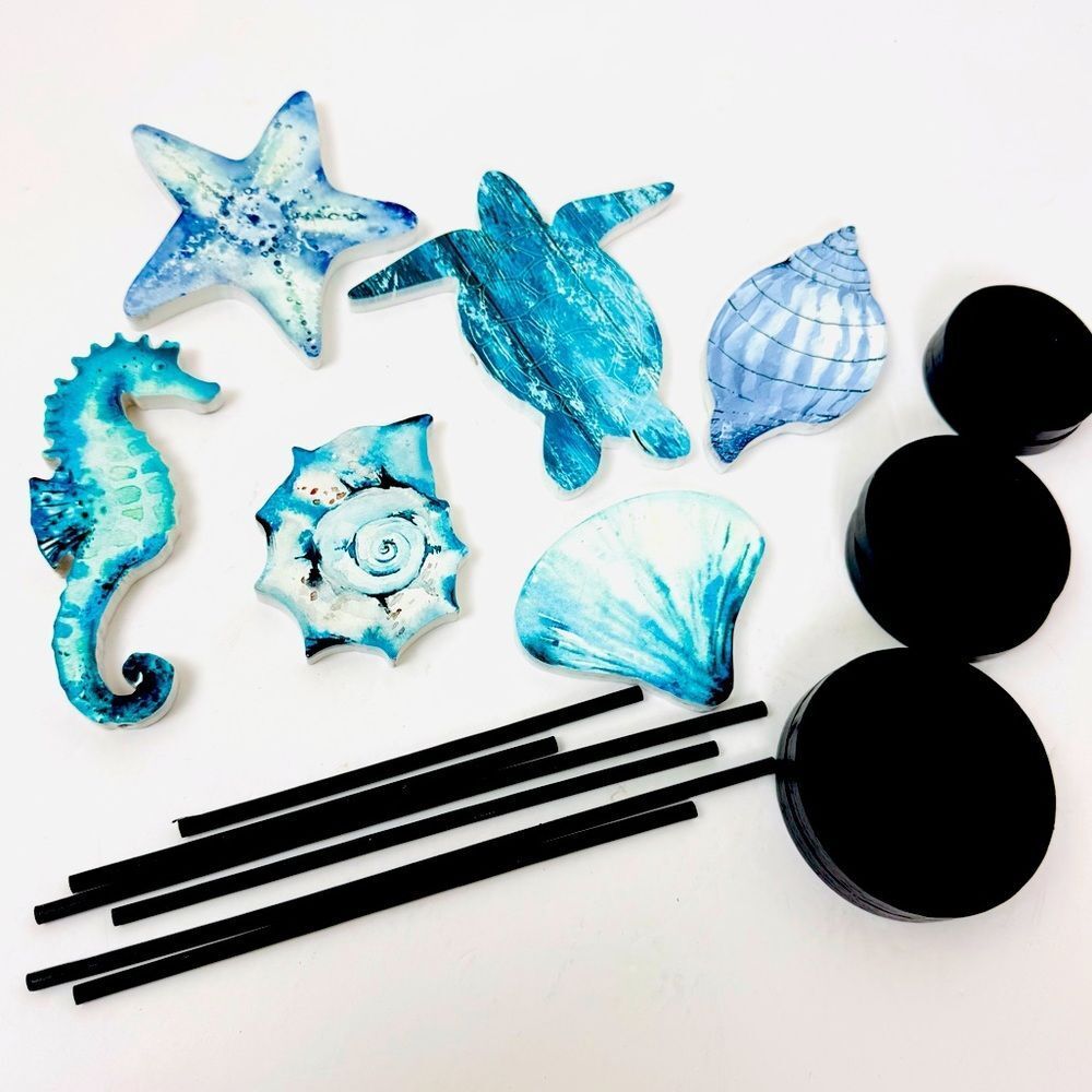 6 Pcs Summer Ocean Wood Standing Table Decor Starfish Sea Turtle Seashells
